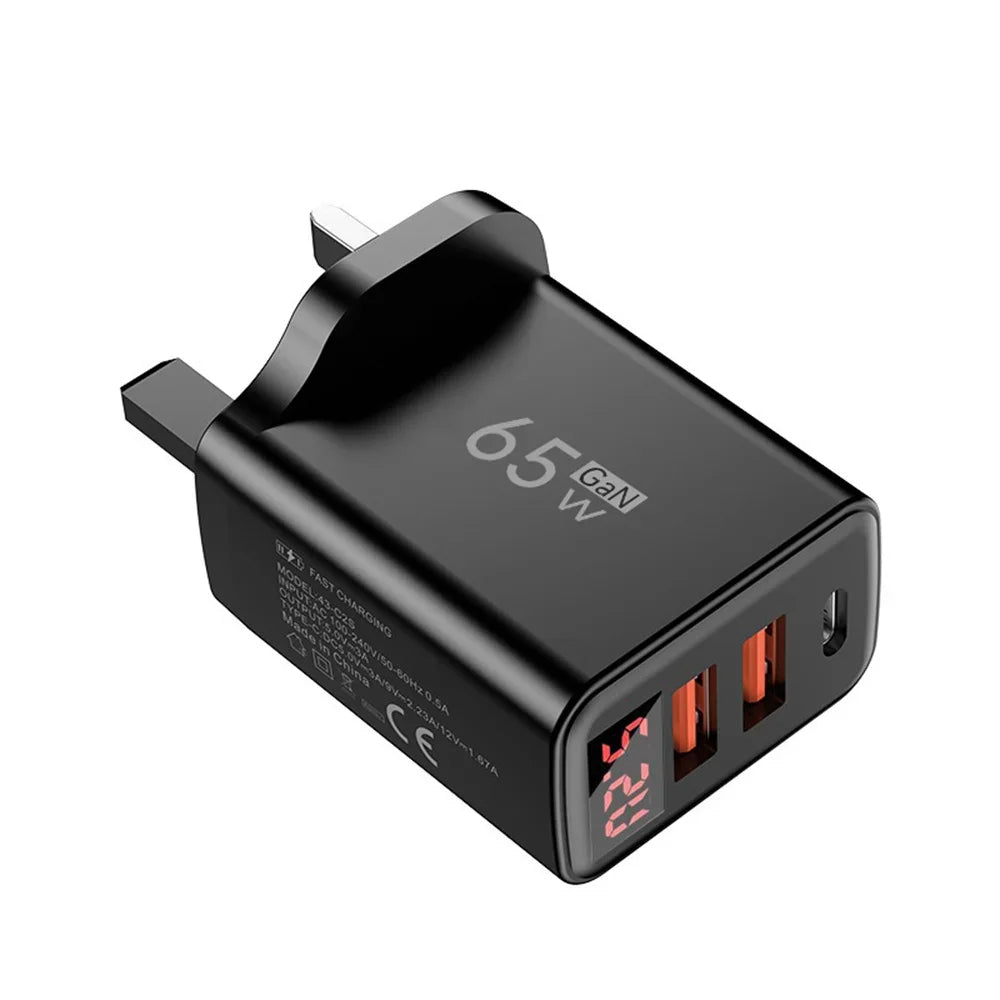 EU/US/UK Plug 65W USB Charger 3 Ports Fast Charging Mobile Phone Power Adapter QC3.0 Type C Charger For iPhone Samsung Xiaomi