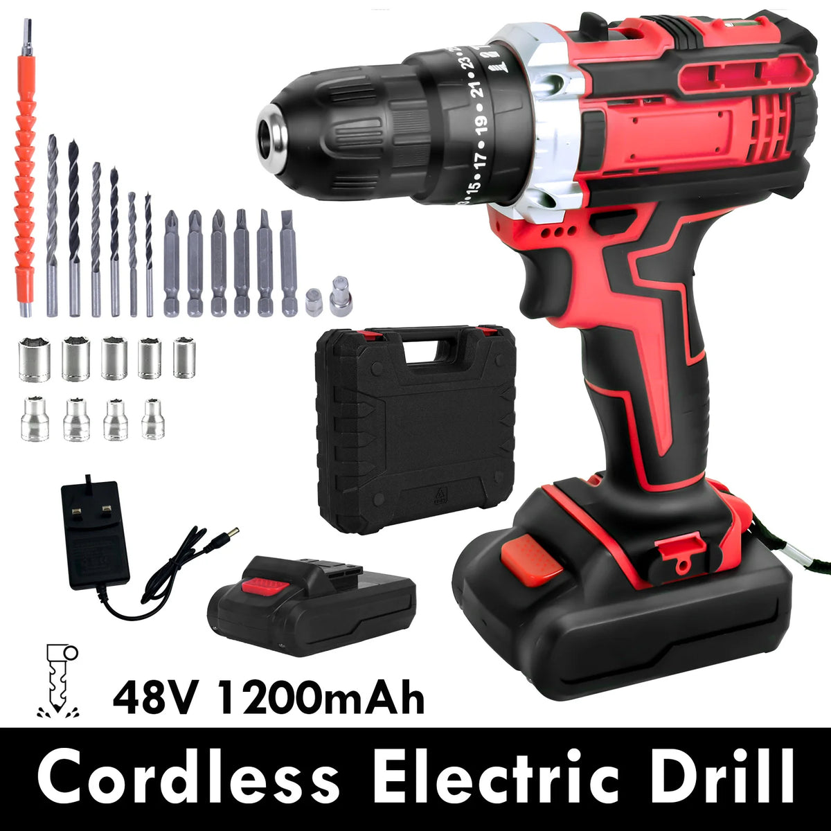 48V Cordless Screwdriver Drill Driver Set Power Electric 25+1 Torque with 1200mAh Battery for DIY Drilling Walls LED Light