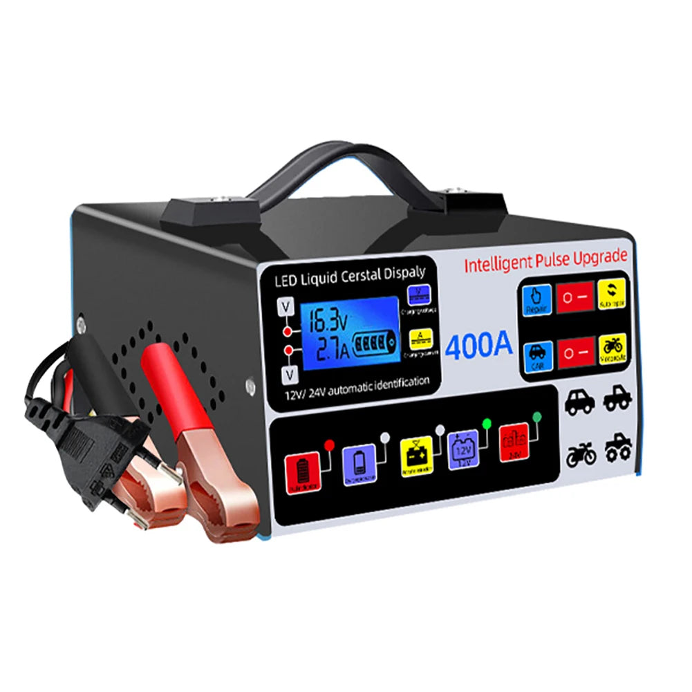 400A Car Battery Charger LCD Display Battery High Power Fast Charger Intelligent Pulse Repair Charger Self-Stop Battery Charger