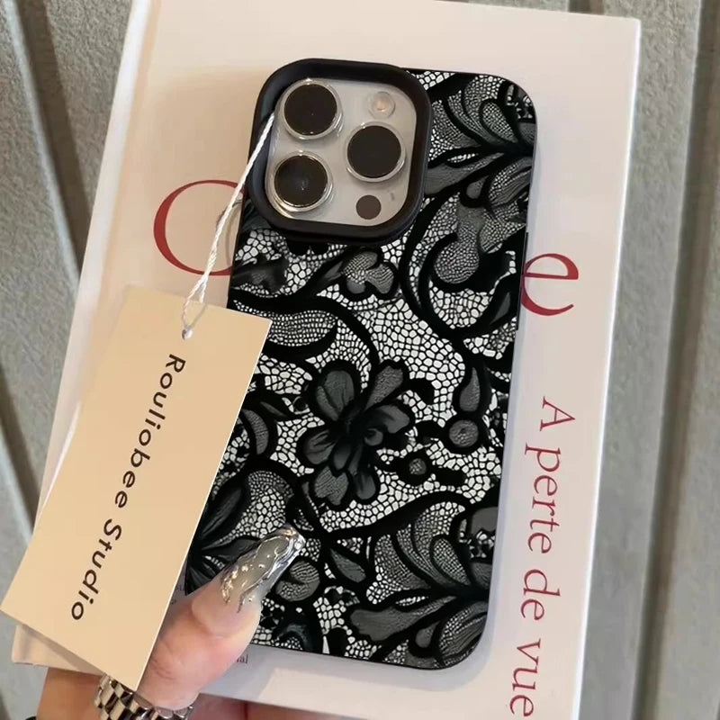 Black Lace Pattern Phone Case For iPhone 17 Pro Max 16 15 14 Plus 13 12 11 Pro Max 16E 17Air Shockproof Soft Cover