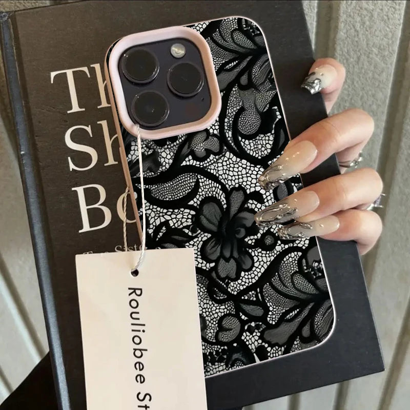 Black Lace Pattern Phone Case For iPhone 17 Pro Max 16 15 14 Plus 13 12 11 Pro Max 16E 17Air Shockproof Soft Cover