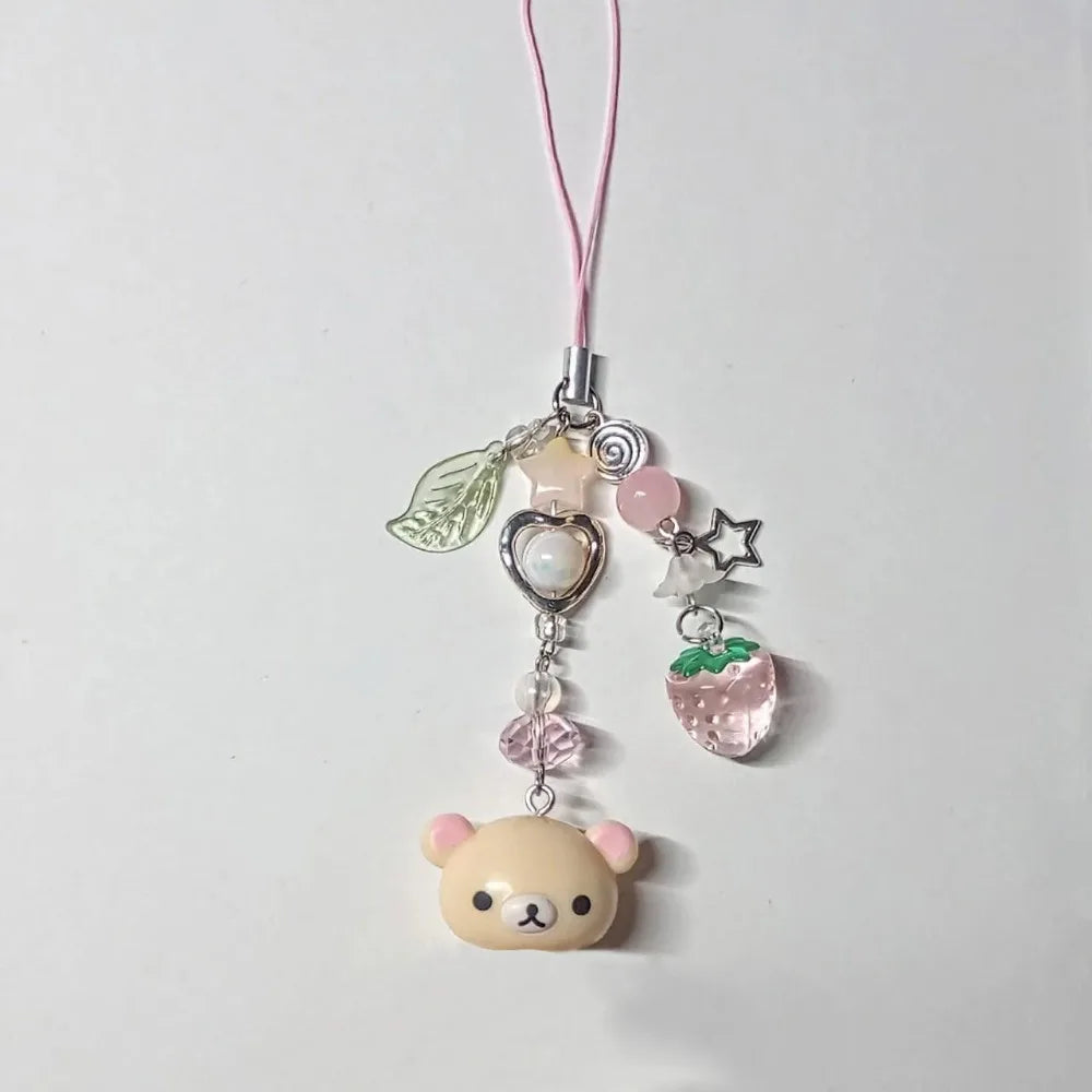 Cute Small Bell Bear Pendant Strawberry Beaded Matching Phone Charms Keychains Bag Chain - Gift Jewelry for Girls Women Couples
