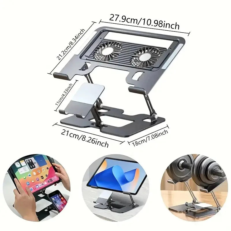 2-in-1 Carbon Steel Laptop Stand - With Cooling Ventilation Foldable & Adjustable Phone/Tablet Stand, Compatible With Projectors