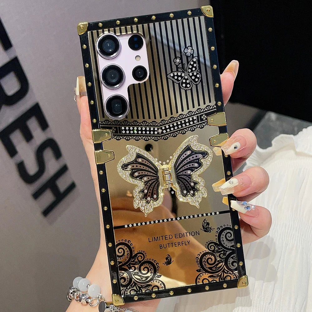 Luxury Plating Butterfly Bracket Diamond Phone Case – Samsung S25 | S24 Ultra | S23 Plus | S22 | A56/A36/A26/A16/A06/A55/A35/A25/A15/A05