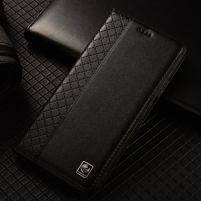 Flip Case For SAMSUNG Galaxy S26 S25 S24 S23 Ultra Plus FE 5G Genuine Leather Magnetic Cover Cowhide Grid Pattern Wallet Cases