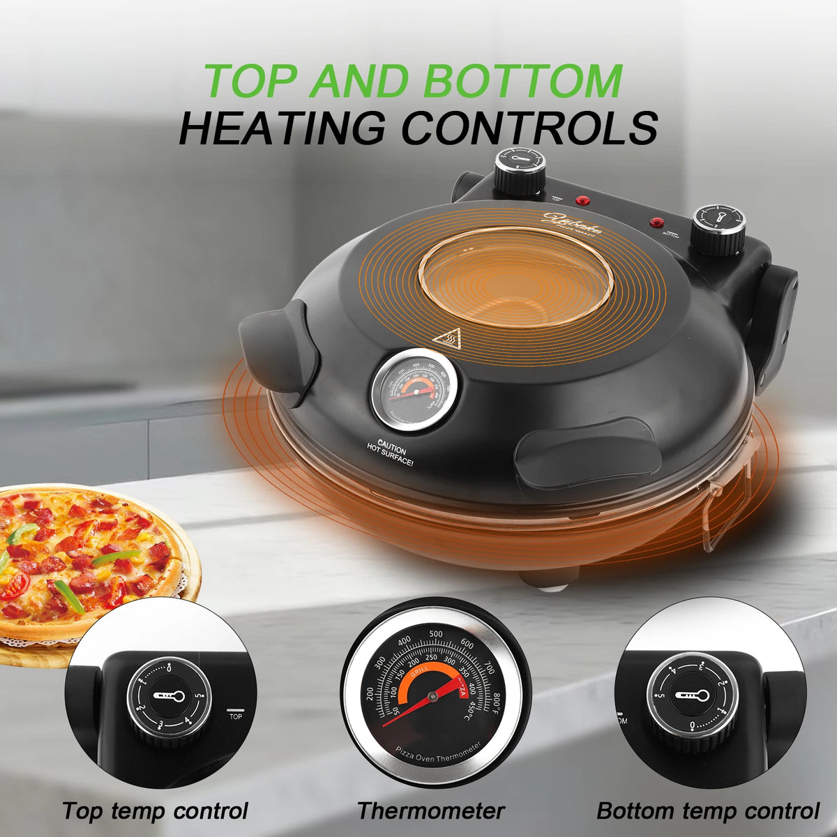 YIBAKE 12 Inch Electric Pizza Oven Indoor 1200W Glazed Ceramic Stone Cooker Two-button Precise Temperature Control Heats up 420℃