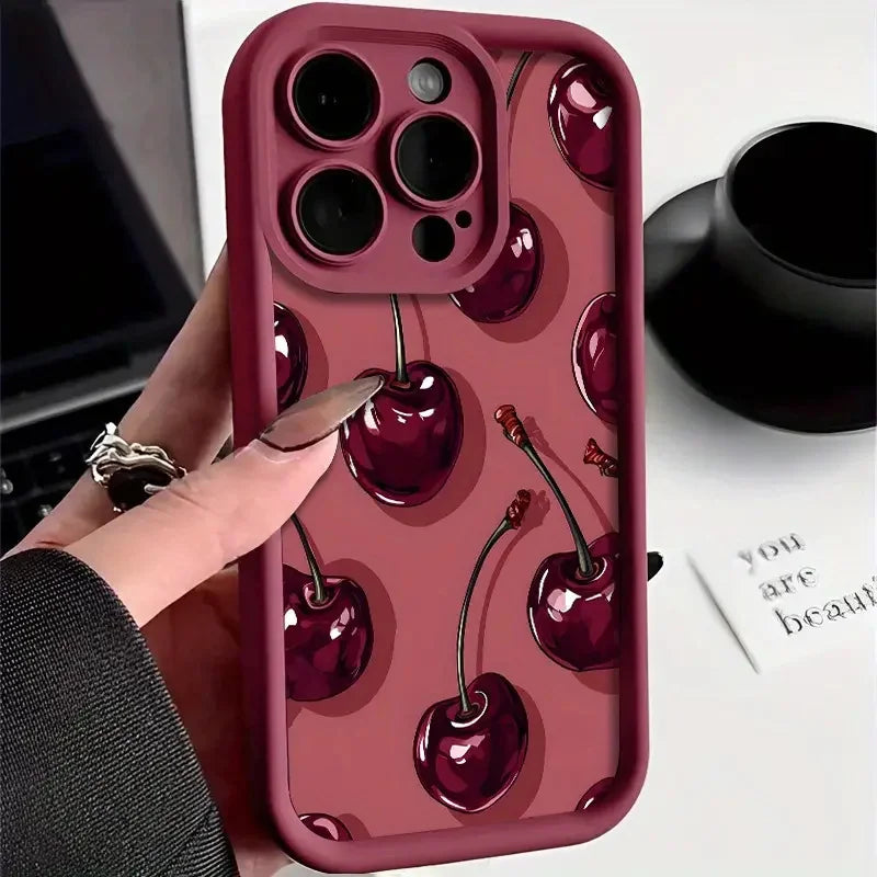Luxury Wine Red Cherry Print Case for IPhone 16 15 17 Air 14 13 12 11 Pro Max 7 8 16 Plus 16e Shockproof Silicone Phone Cover