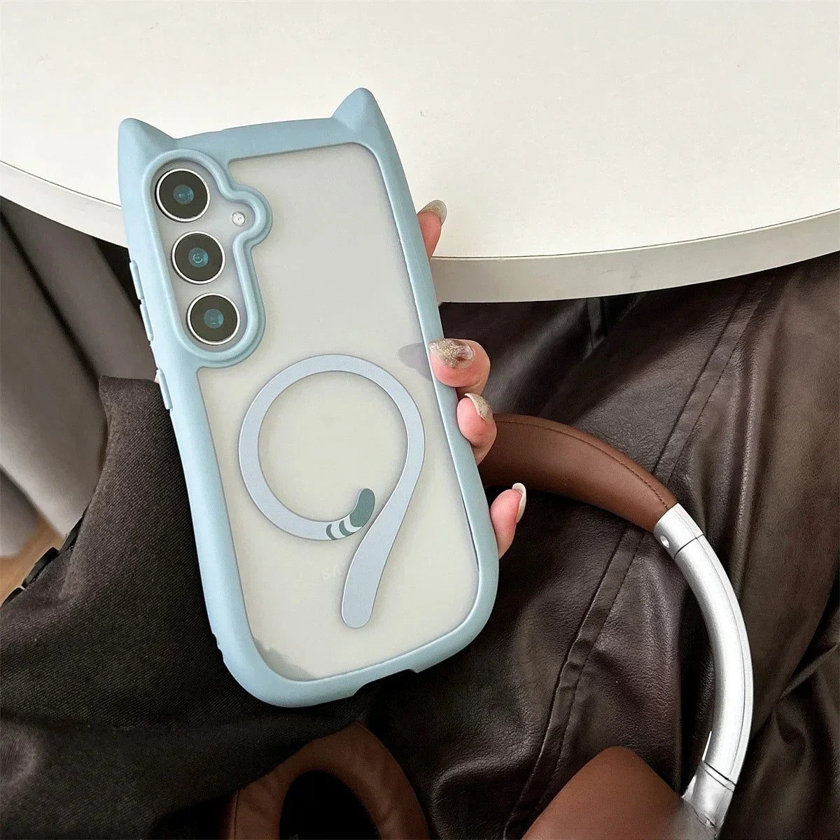 2026 newCute Cat Ear Cartoon Phone Case For Galaxy S25Ultra S25 S24 S23 Plus Transparent PC Magnetic Cover Wireless Charge Shell