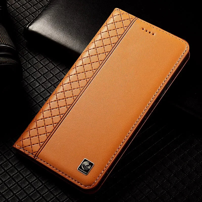 Flip Case For SAMSUNG Galaxy S26 S25 S24 S23 Ultra Plus FE 5G Genuine Leather Magnetic Cover Cowhide Grid Pattern Wallet Cases