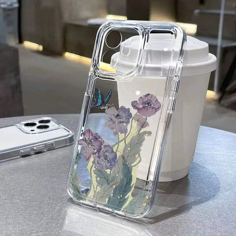 Purple Flower Phone Case For iPhone 16 Pro Case iPhone 14 11 13 12 15 Pro Max 16e XR 7 8 Plus SE 2 3 Shockproof Soft Clear Cover
