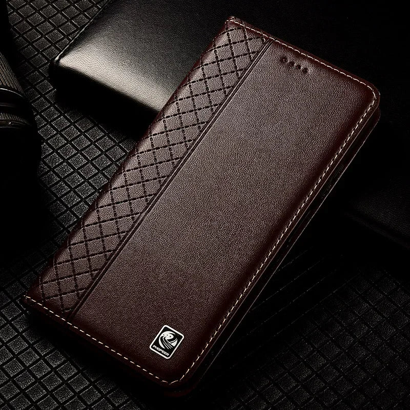 Flip Case For SAMSUNG Galaxy S26 S25 S24 S23 Ultra Plus FE 5G Genuine Leather Magnetic Cover Cowhide Grid Pattern Wallet Cases