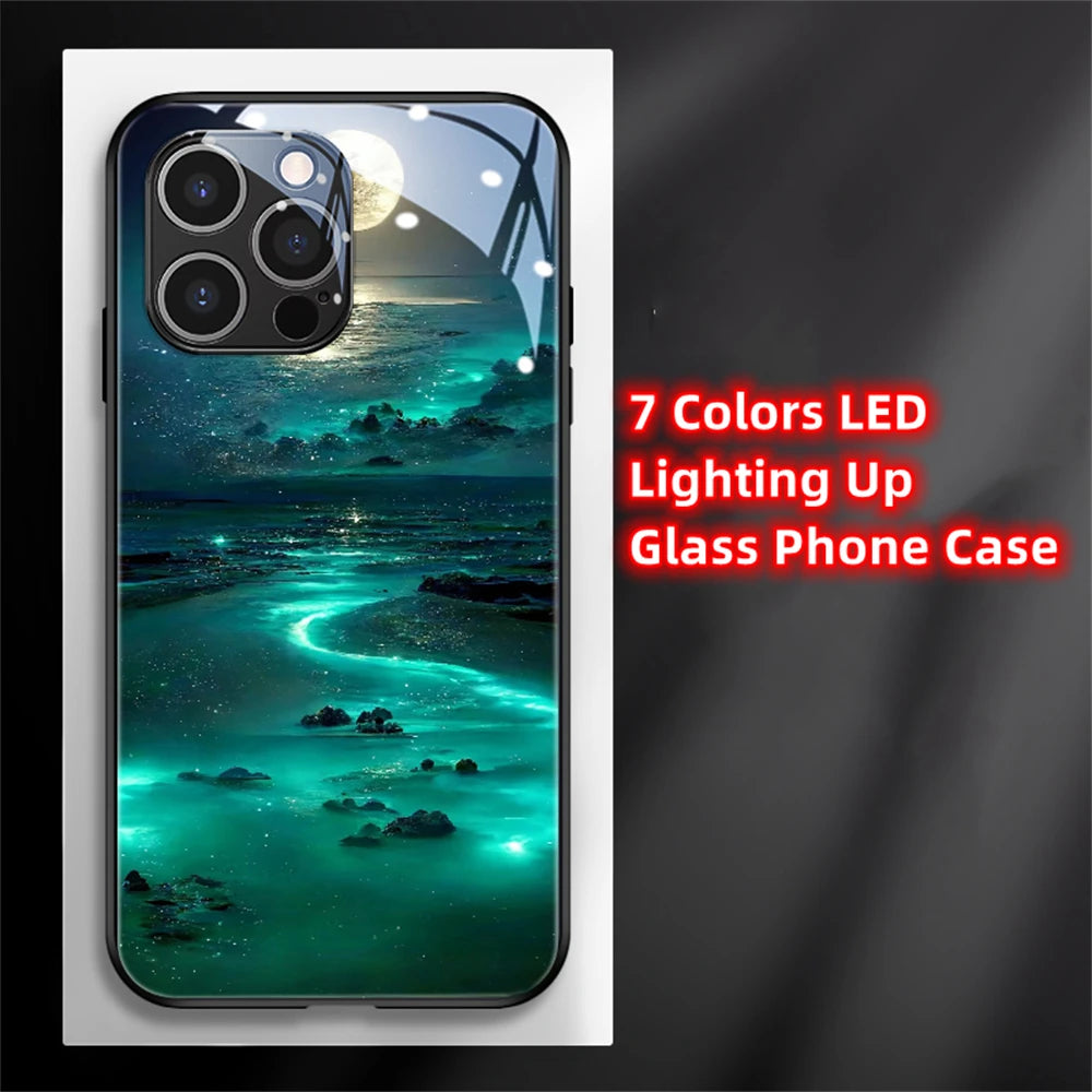 2026 Pretty Galaxy Beach Smart LED Light Glow Tempered Glass Phone Case For iPhone Air 17 16 E 15 14 13 12 11 Pro Max Plus