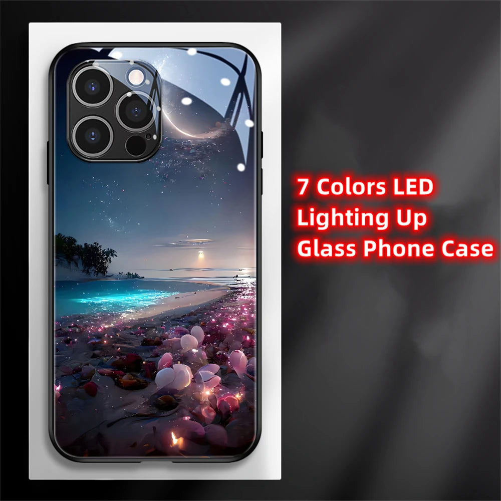 2026 Pretty Galaxy Beach Smart LED Light Glow Tempered Glass Phone Case For iPhone Air 17 16 E 15 14 13 12 11 Pro Max Plus