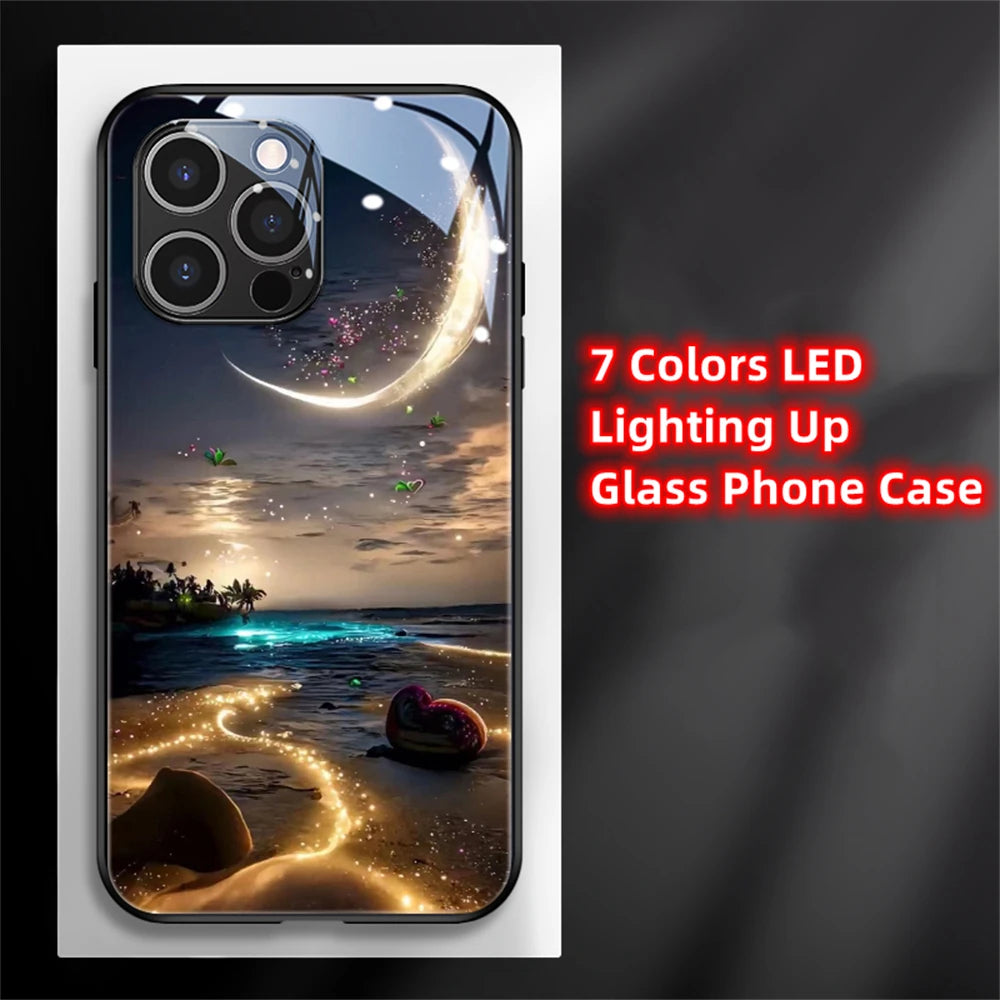 2026 Pretty Galaxy Beach Smart LED Light Glow Tempered Glass Phone Case For iPhone Air 17 16 E 15 14 13 12 11 Pro Max Plus