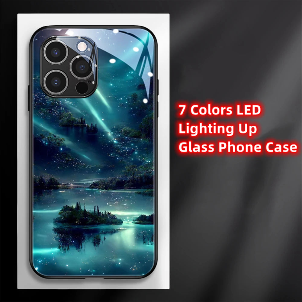 2026 Pretty Galaxy Beach Smart LED Light Glow Tempered Glass Phone Case For iPhone Air 17 16 E 15 14 13 12 11 Pro Max Plus