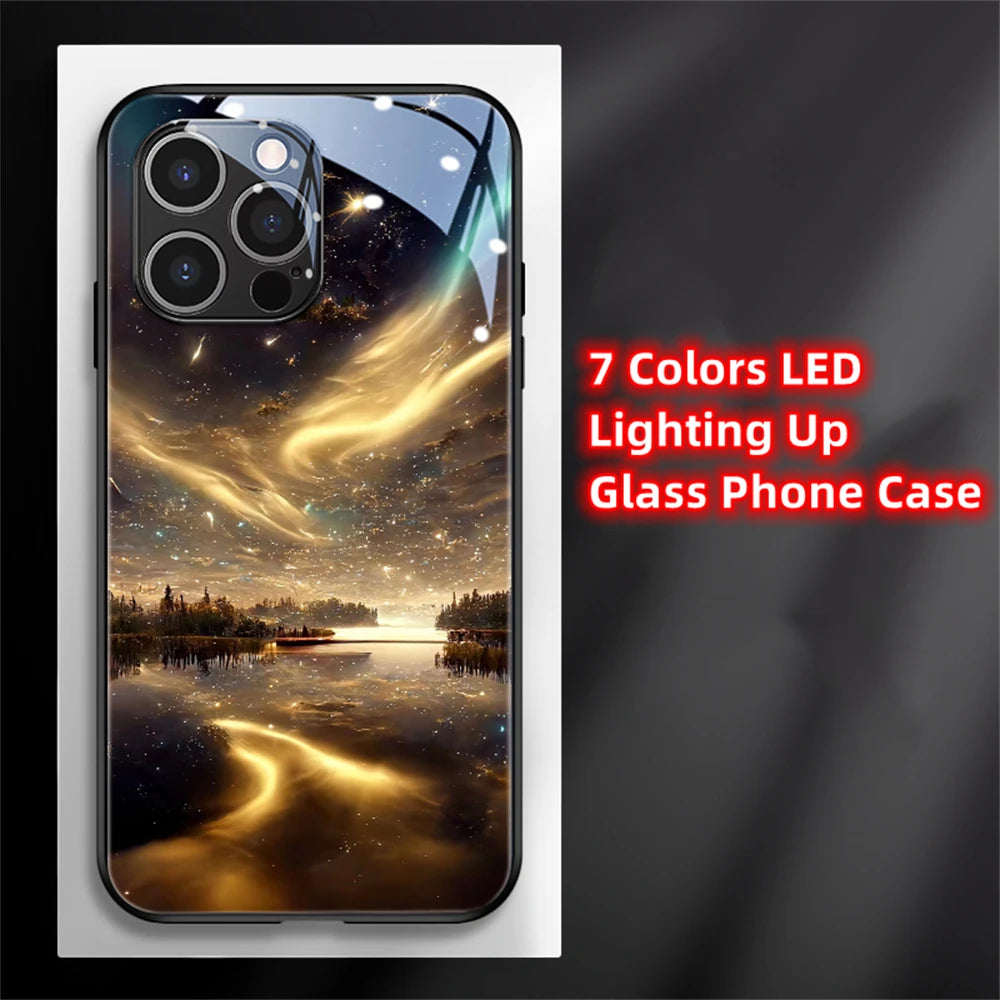 2026 Pretty Galaxy Beach Smart LED Light Glow Tempered Glass Phone Case For iPhone Air 17 16 E 15 14 13 12 11 Pro Max Plus