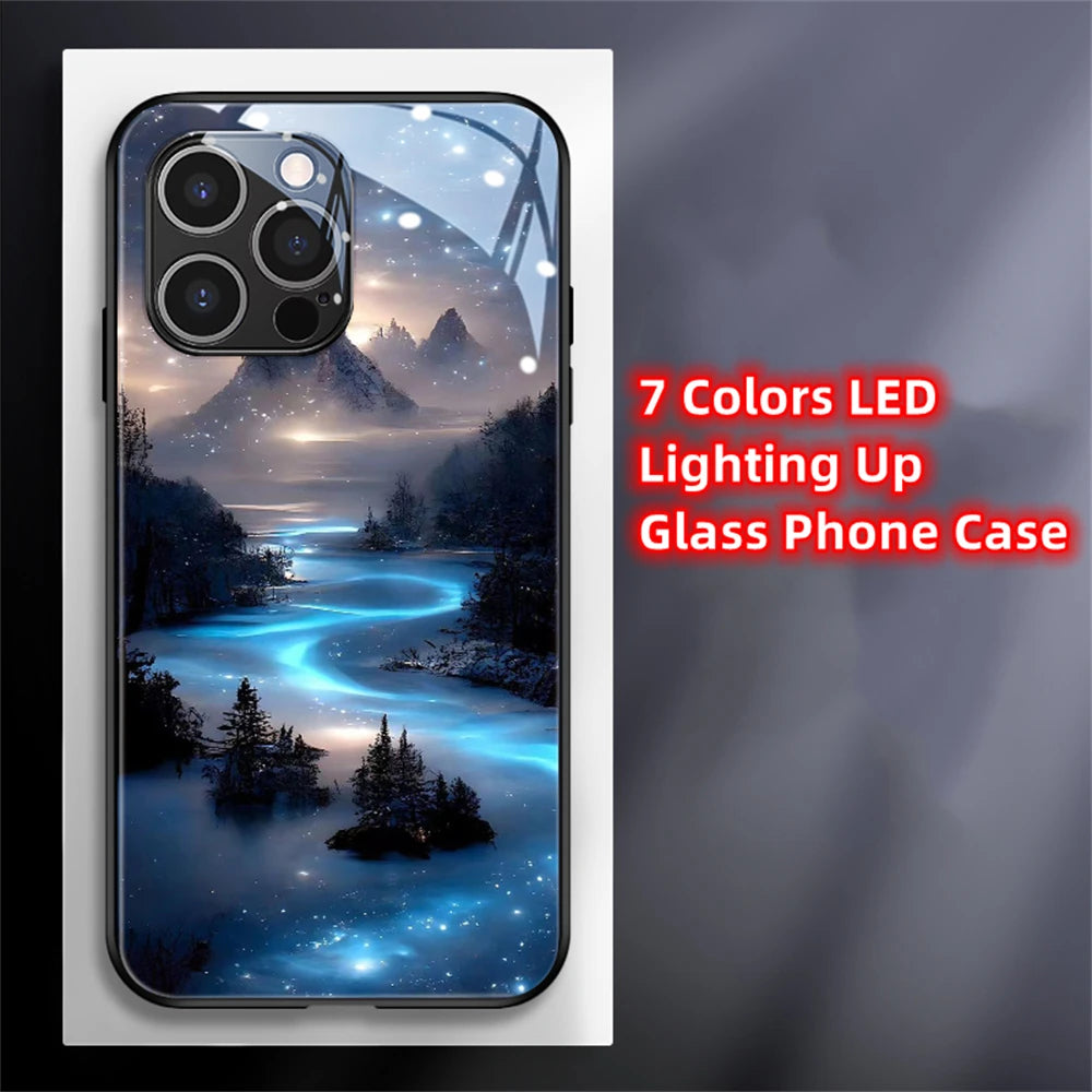 2026 Pretty Galaxy Beach Smart LED Light Glow Tempered Glass Phone Case For iPhone Air 17 16 E 15 14 13 12 11 Pro Max Plus