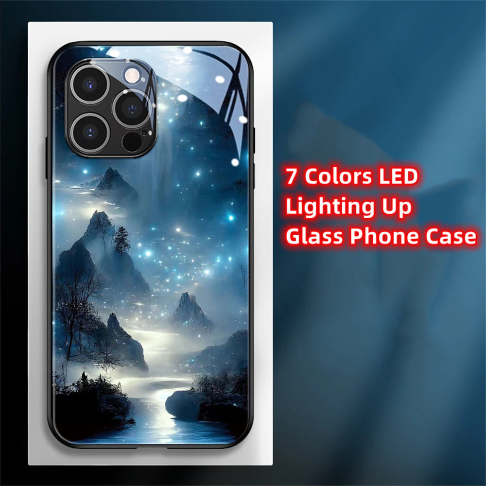 2026 Pretty Galaxy Beach Smart LED Light Glow Tempered Glass Phone Case For iPhone Air 17 16 E 15 14 13 12 11 Pro Max Plus
