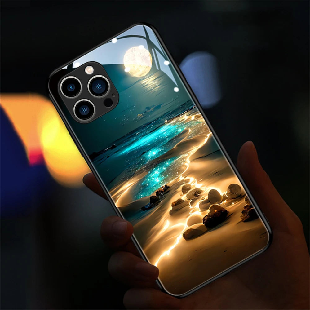 2026 Pretty Galaxy Beach Smart LED Light Glow Tempered Glass Phone Case For iPhone Air 17 16 E 15 14 13 12 11 Pro Max Plus