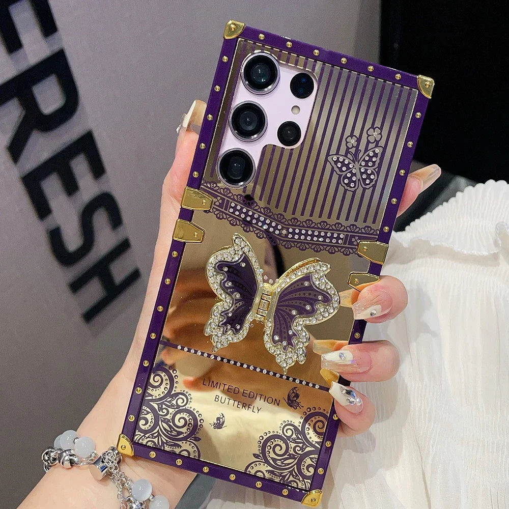 Luxury Plating Butterfly Bracket Diamond Phone Case – Samsung S25 | S24 Ultra | S23 Plus | S22 | A56/A36/A26/A16/A06/A55/A35/A25/A15/A05