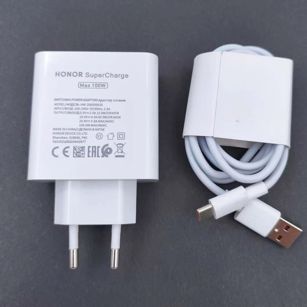 100W Honor Fast Charger EU SuperCharge Power Wall Adapter 1M 6A Type C Cable For honor 300 200 100 90 80 Pro Magic V2 V3 V5 Pro
