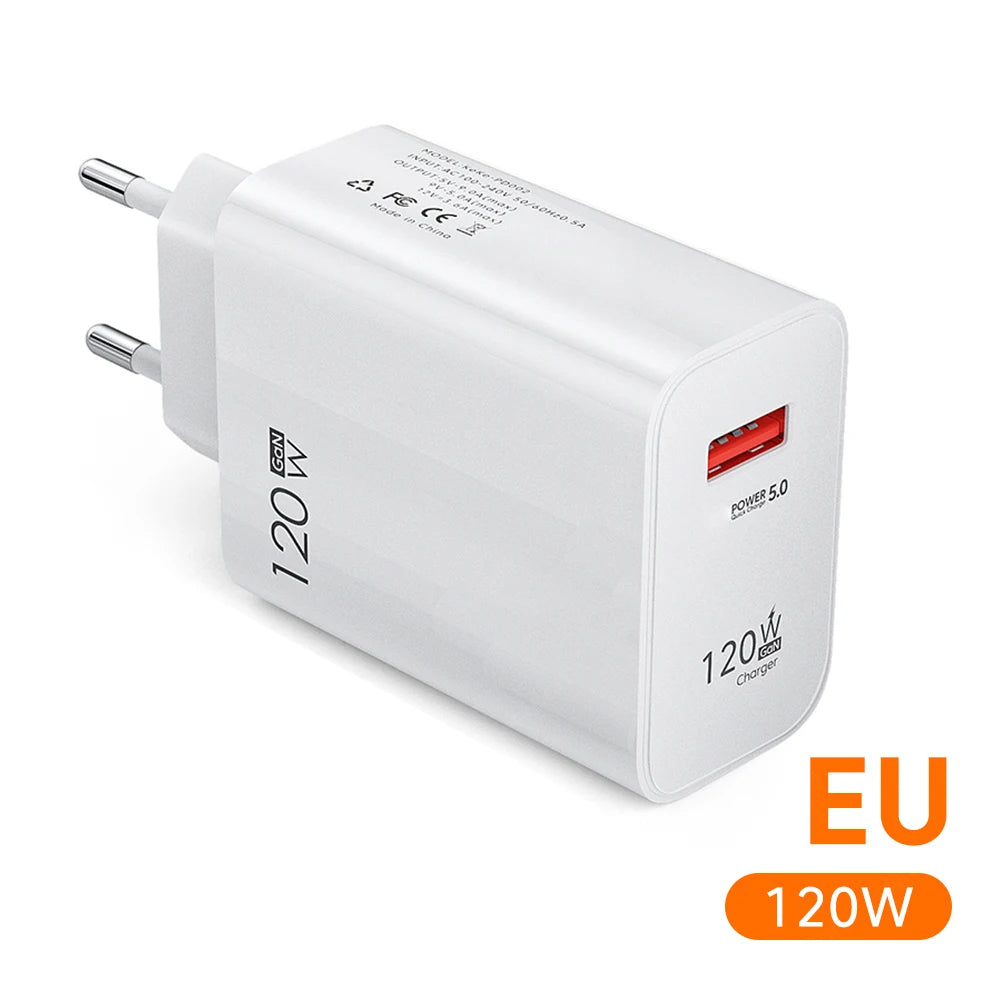 120W GaN USB Charger QC 3.0 EU/US Plug Phone Charger Adapter Type C Cable For iPhone Samsung Xiaomi Fast Charging Wall Charger