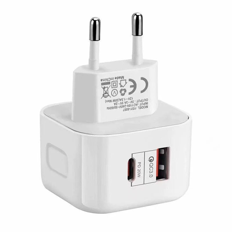 QC3.0 PD20W USB+Type-C Dual Ports Fast Charger Phone Adapter EU/US/UK Plug Wall Charger For iPhone Samsung Huawei Xiaomi/Tablets