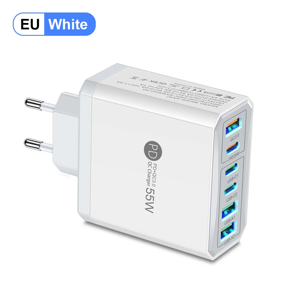 55W 3 USB 3 PD Charger Fast Charging QC3.0 Travel Charger For iPhone 15 14 Samsung Xiaomi Mobile Phone Adapter EU KR US UK Plug