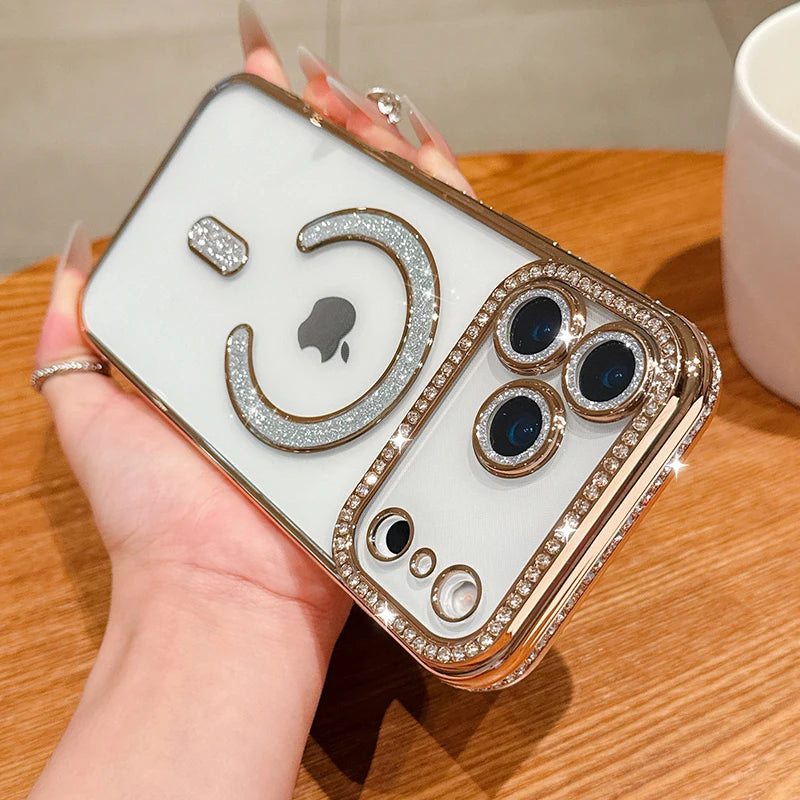 Luxury Bling Crystal Lens Film for Magsafe Case for iPhone 17 Pro Max 17 Air Magnetic Wireless Charging Clear Cover for iPhone17