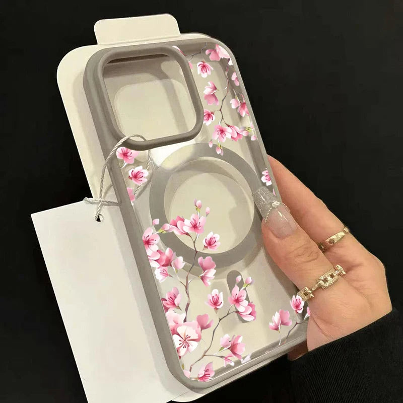 Pink Cherry Elegant Floral Background Design Magnetic Phone Case For iPhone 17 16 15 14 13 12 Pro Max 11 16 Plus 16E 17Air Cover