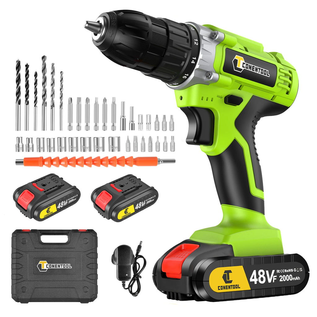 CONENTOOL Electric Screwdriver 48V Lithium-Ion Cordless Drill Driver Set LED Work Light Electric Drill Quick Changer Battery Set