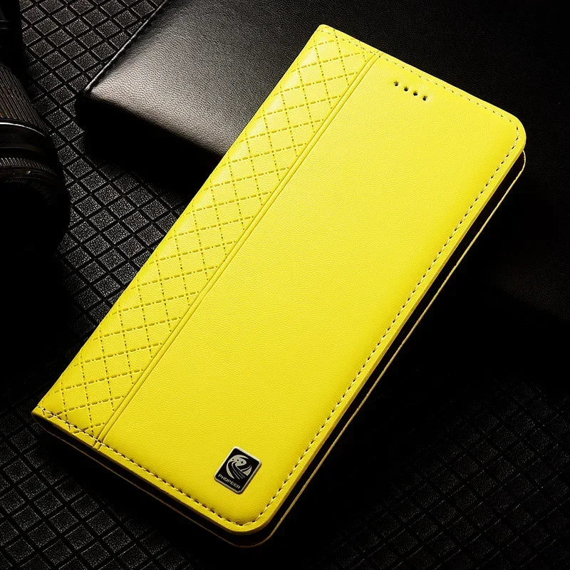 Flip Case For SAMSUNG Galaxy S26 S25 S24 S23 Ultra Plus FE 5G Genuine Leather Magnetic Cover Cowhide Grid Pattern Wallet Cases