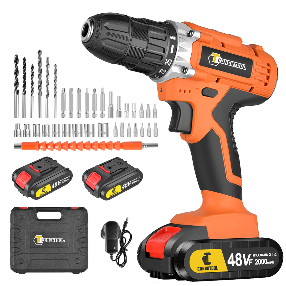 CONENTOOL Electric Screwdriver 48V Lithium-Ion Cordless Drill Driver Set LED Work Light Electric Drill Quick Changer Battery Set