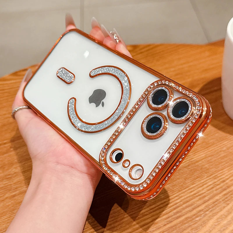 Luxury Bling Crystal Lens Film for Magsafe Case for iPhone 17 Pro Max 17 Air Magnetic Wireless Charging Clear Cover for iPhone17