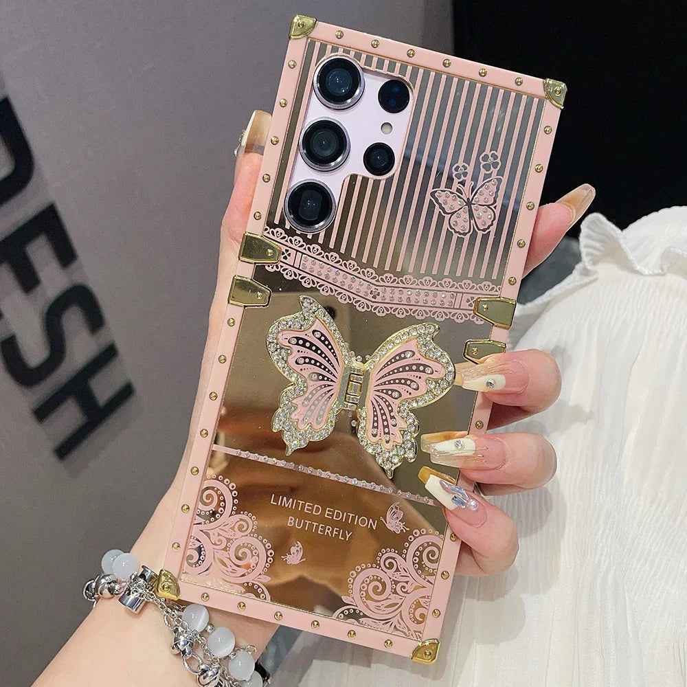 Luxury Plating Butterfly Bracket Diamond Phone Case – Samsung S25 | S24 Ultra | S23 Plus | S22 | A56/A36/A26/A16/A06/A55/A35/A25/A15/A05