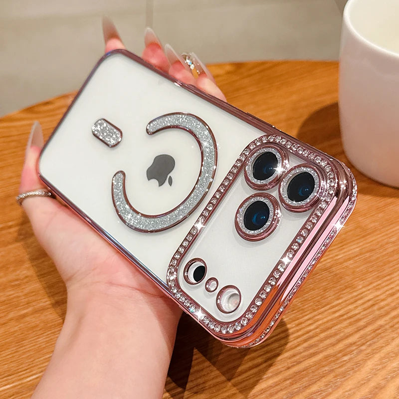 Luxury Bling Crystal Lens Film for Magsafe Case for iPhone 17 Pro Max 17 Air Magnetic Wireless Charging Clear Cover for iPhone17