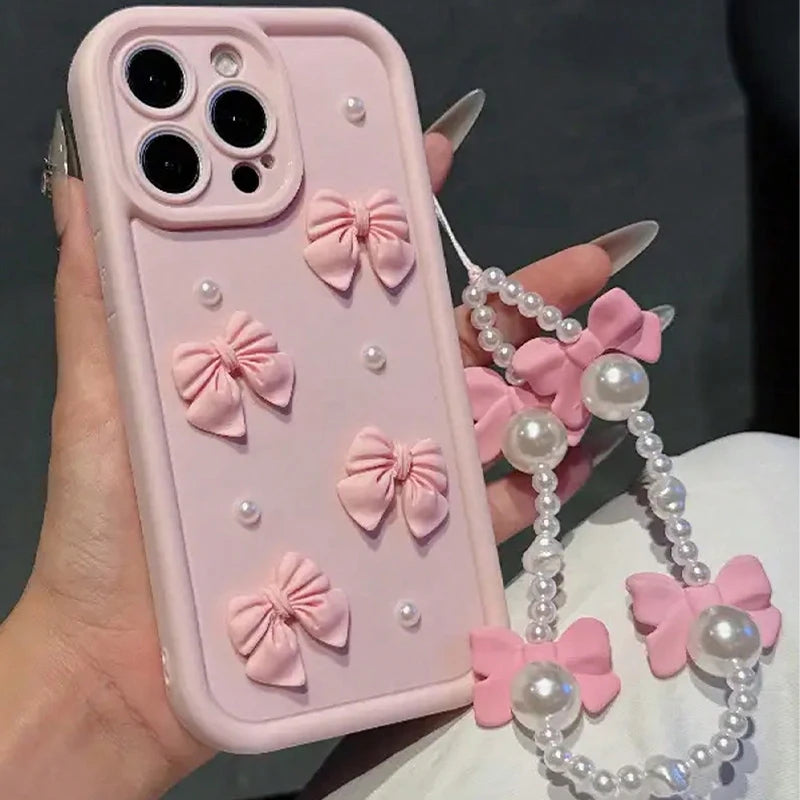 Korean 3D Bowknot Pearl Silicone Phone Case For iPhone 16 17 Pro 15 14 13 12 11 Pro Max 16E 7 8 Plus With Lanyard Soft Cover