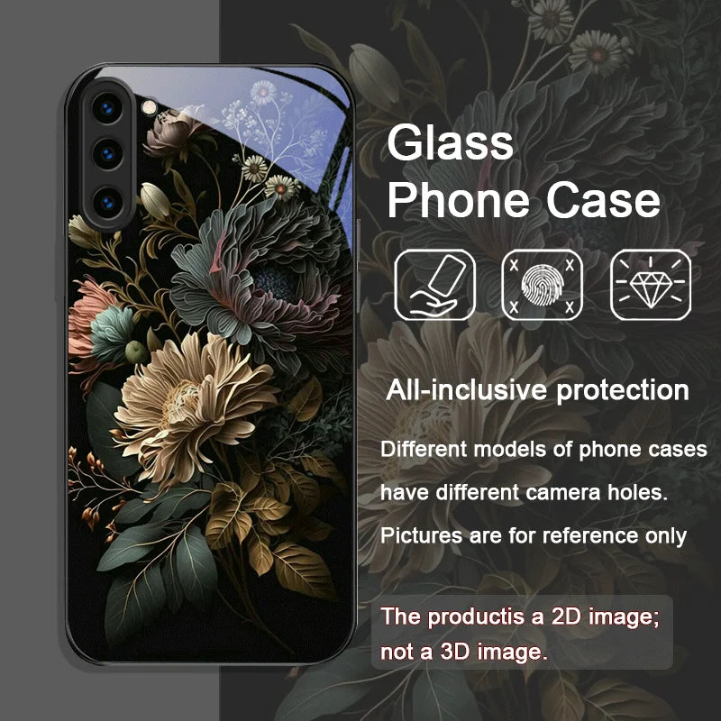 Flower Peony Print Vintage Floral Tempered Glass Phone Case for Samsung Galaxy S25 Ultra S24 S23 Plus S22 S21 S20 FE M53 Covers