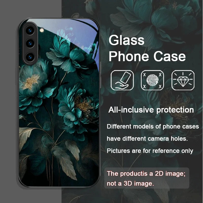 Flower Peony Print Vintage Floral Tempered Glass Phone Case for Samsung Galaxy S25 Ultra S24 S23 Plus S22 S21 S20 FE M53 Covers
