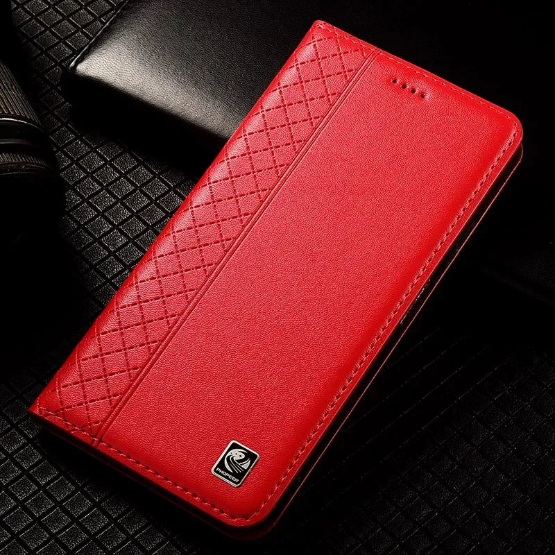 Flip Case For SAMSUNG Galaxy S26 S25 S24 S23 Ultra Plus FE 5G Genuine Leather Magnetic Cover Cowhide Grid Pattern Wallet Cases