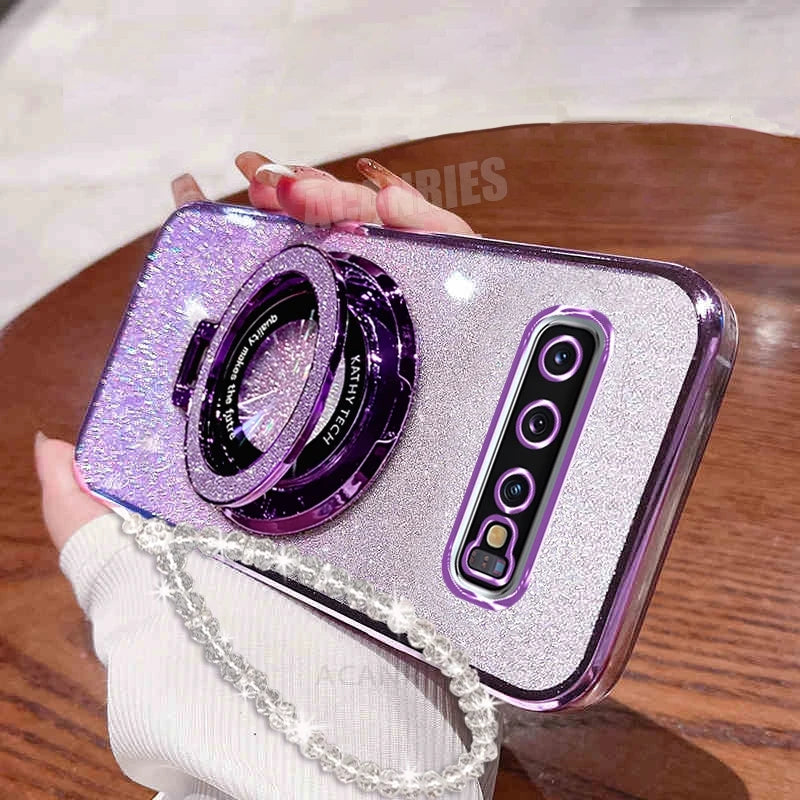 Glitter Holder Chain Case For Samsung Galaxy S10 Plus S10plus S9 S9plus S8 S20 Note 8 9 10 20 Lanyard Silicone Stand Cover Note9