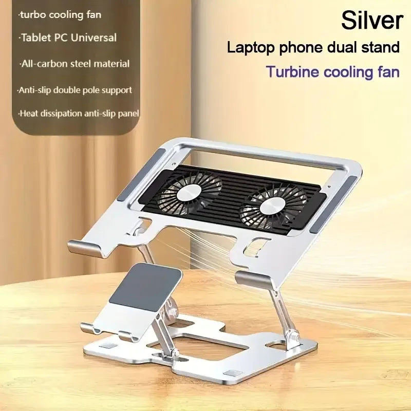 2-in-1 Carbon Steel Laptop Stand - With Cooling Ventilation Foldable & Adjustable Phone/Tablet Stand, Compatible With Projectors