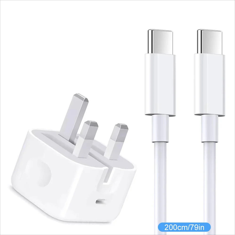 Dual Type-C Fast Charger Cable & PD 20W Foldable UK Adaper For iPhone 15 16 Pro Max Xiaomi Redmi Android Phone USB C Data Cord