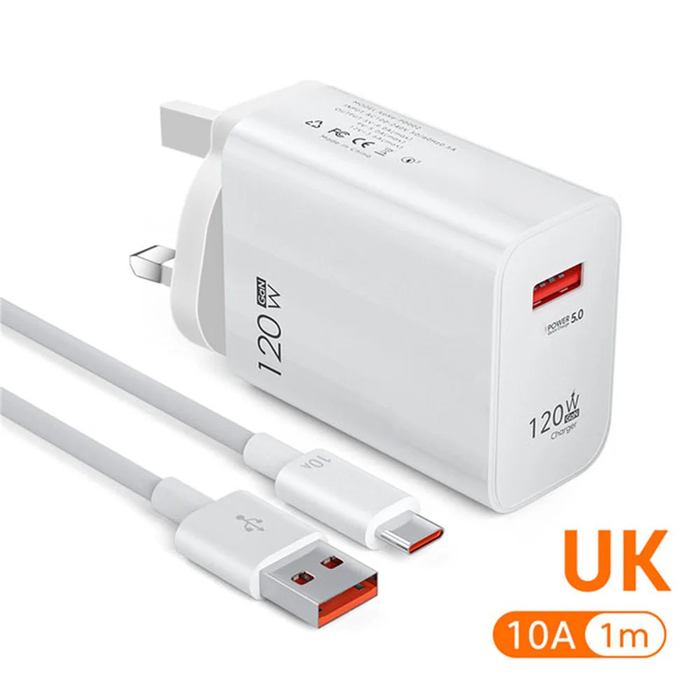 120W GaN USB Charger QC 3.0 EU/US Plug Phone Charger Adapter Type C Cable For iPhone Samsung Xiaomi Fast Charging Wall Charger