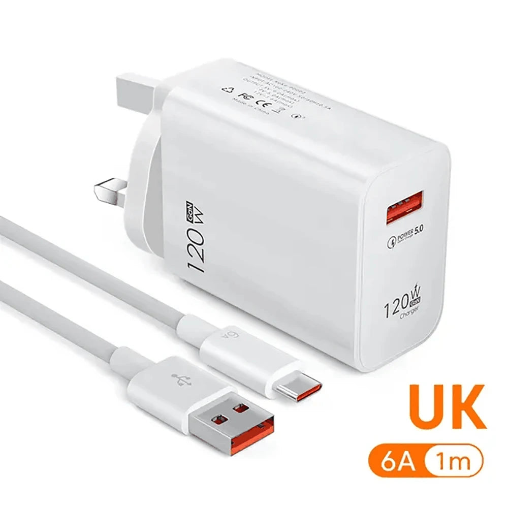 120W GaN USB Charger QC 3.0 EU/US Plug Phone Charger Adapter Type C Cable For iPhone Samsung Xiaomi Fast Charging Wall Charger