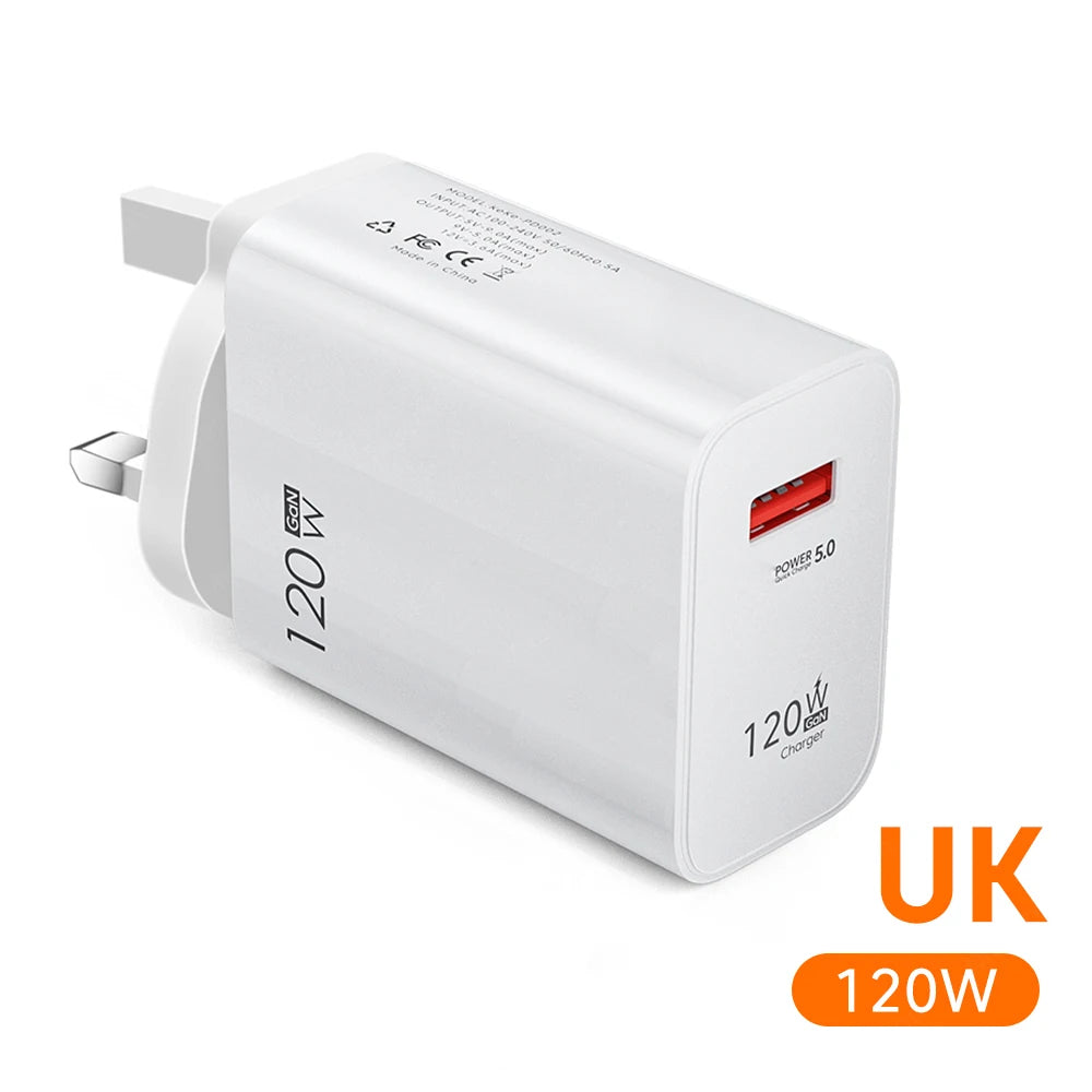 120W GaN USB Charger QC 3.0 EU/US Plug Phone Charger Adapter Type C Cable For iPhone Samsung Xiaomi Fast Charging Wall Charger