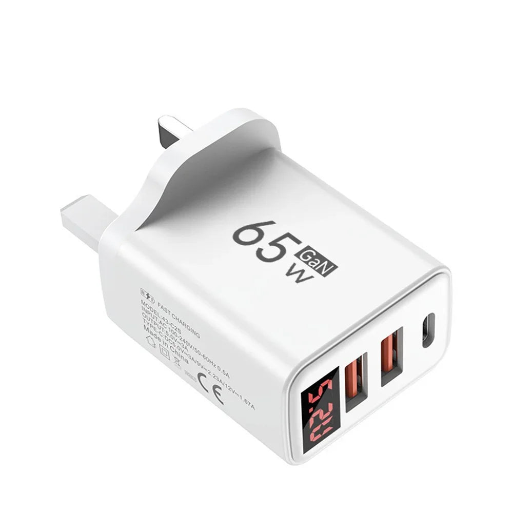EU/US/UK Plug 65W USB Charger 3 Ports Fast Charging Mobile Phone Power Adapter QC3.0 Type C Charger For iPhone Samsung Xiaomi
