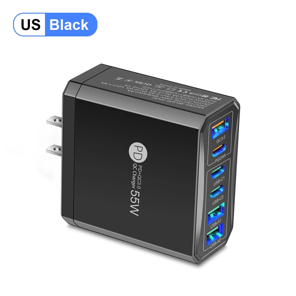 55W 3 USB 3 PD Charger Fast Charging QC3.0 Travel Charger For iPhone 15 14 Samsung Xiaomi Mobile Phone Adapter EU KR US UK Plug
