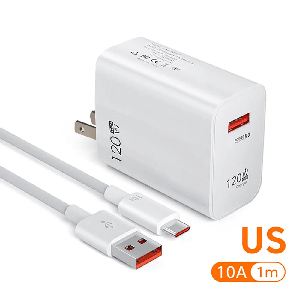 120W GaN USB Charger QC 3.0 EU/US Plug Phone Charger Adapter Type C Cable For iPhone Samsung Xiaomi Fast Charging Wall Charger