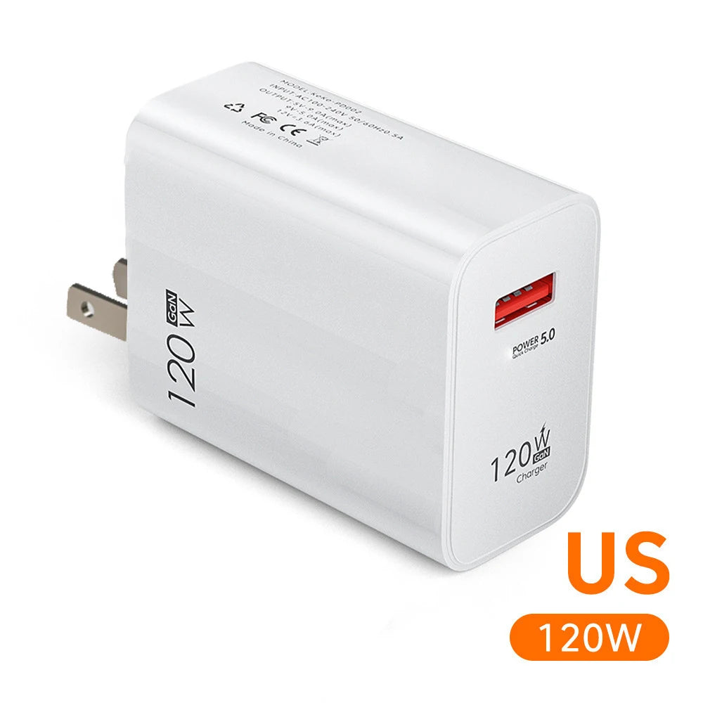 120W GaN USB Charger QC 3.0 EU/US Plug Phone Charger Adapter Type C Cable For iPhone Samsung Xiaomi Fast Charging Wall Charger